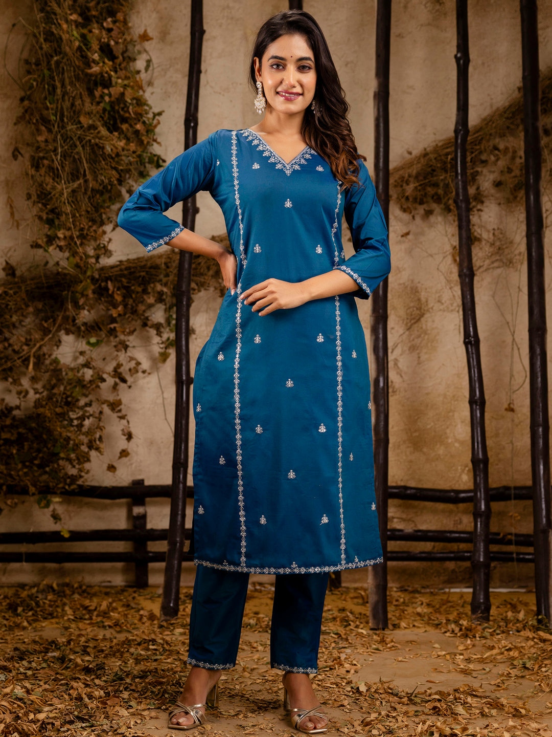 Teal Silk Blend Embroidery Work Kurta Set
