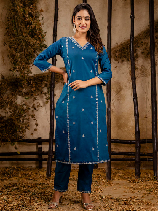 Teal Silk Blend Embroidery Work Kurta Set