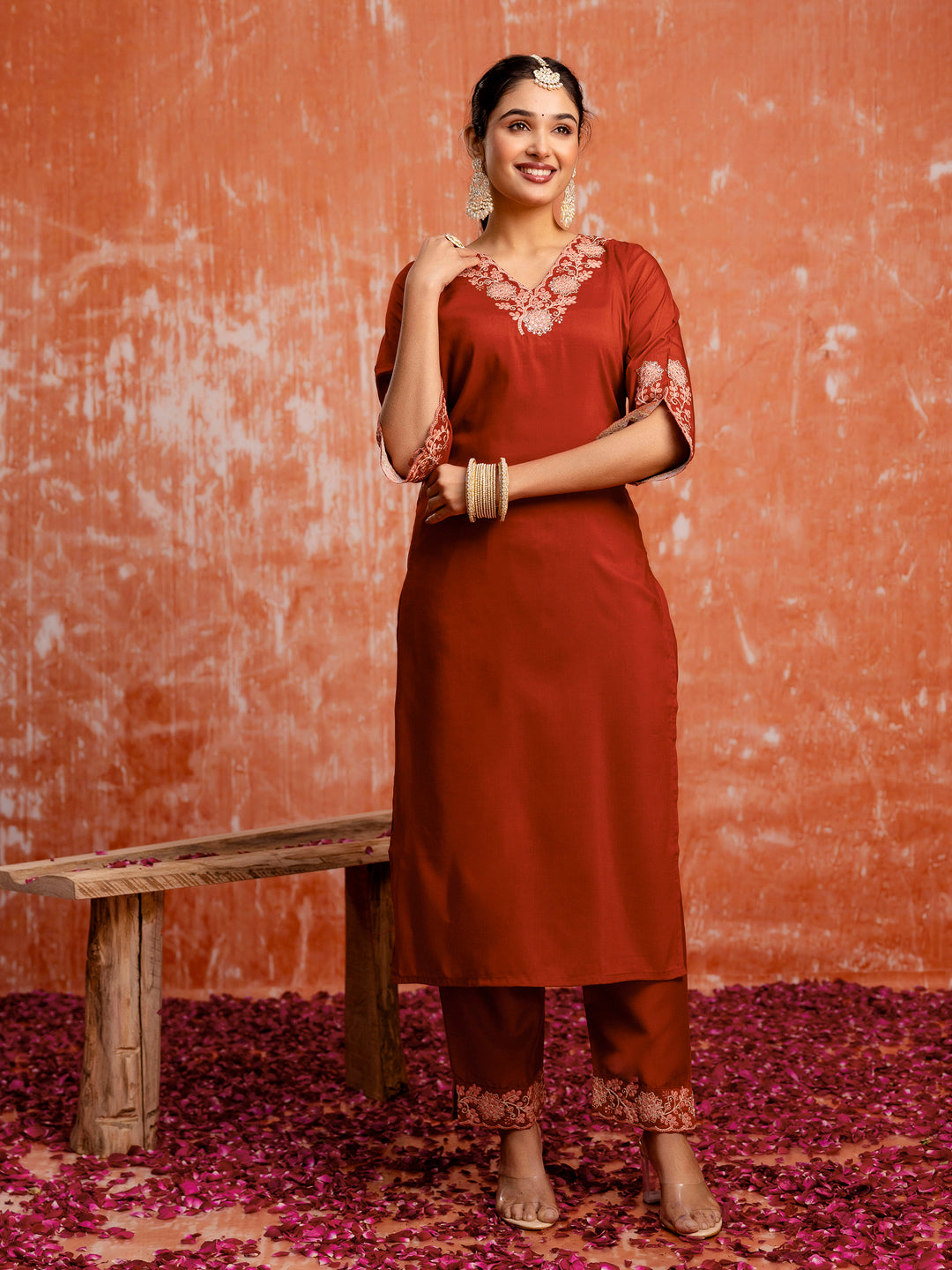 Red Silk Blend Embroidery Work Kurta Set