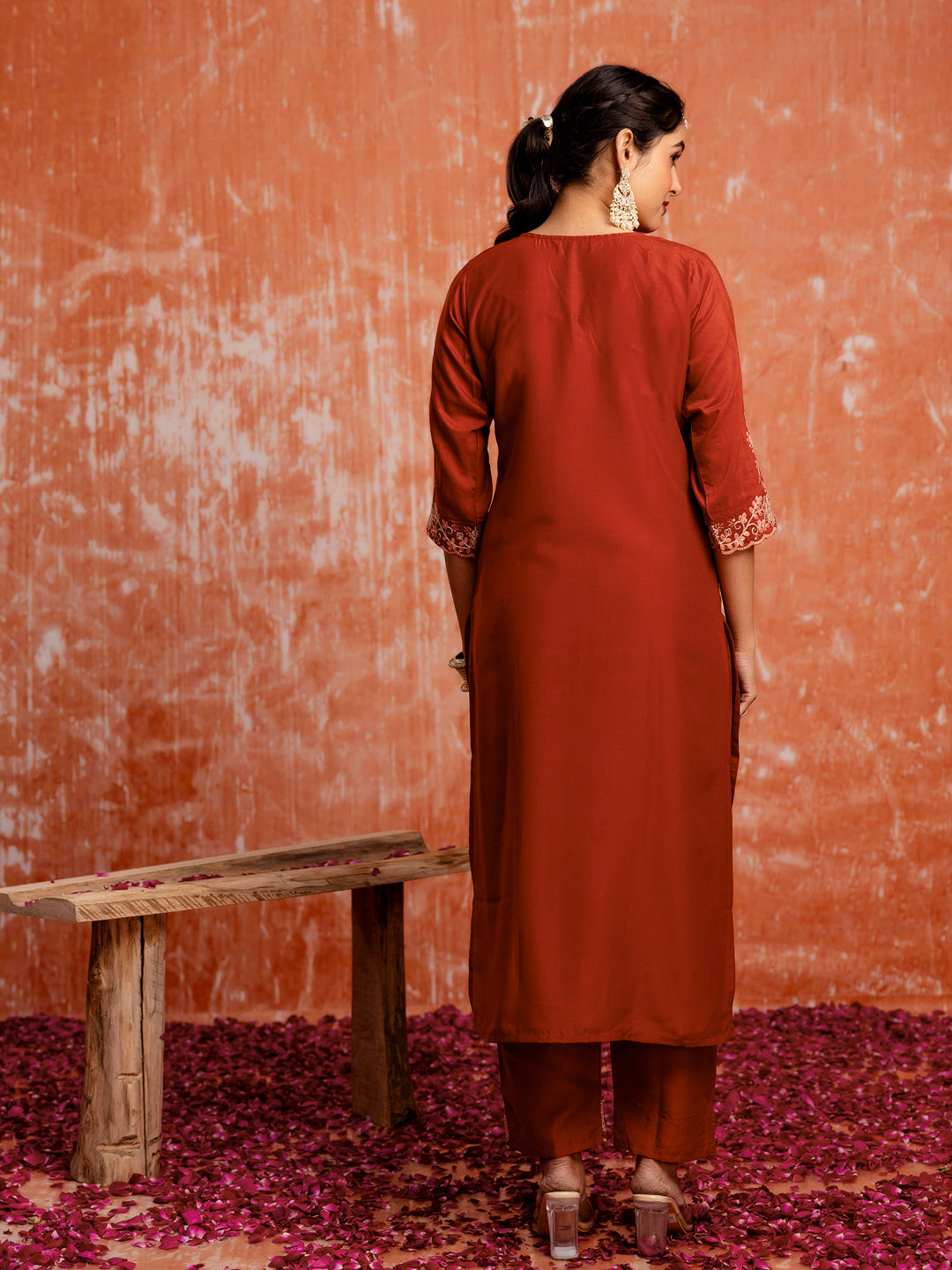 Red Silk Blend Embroidery Work Kurta Set