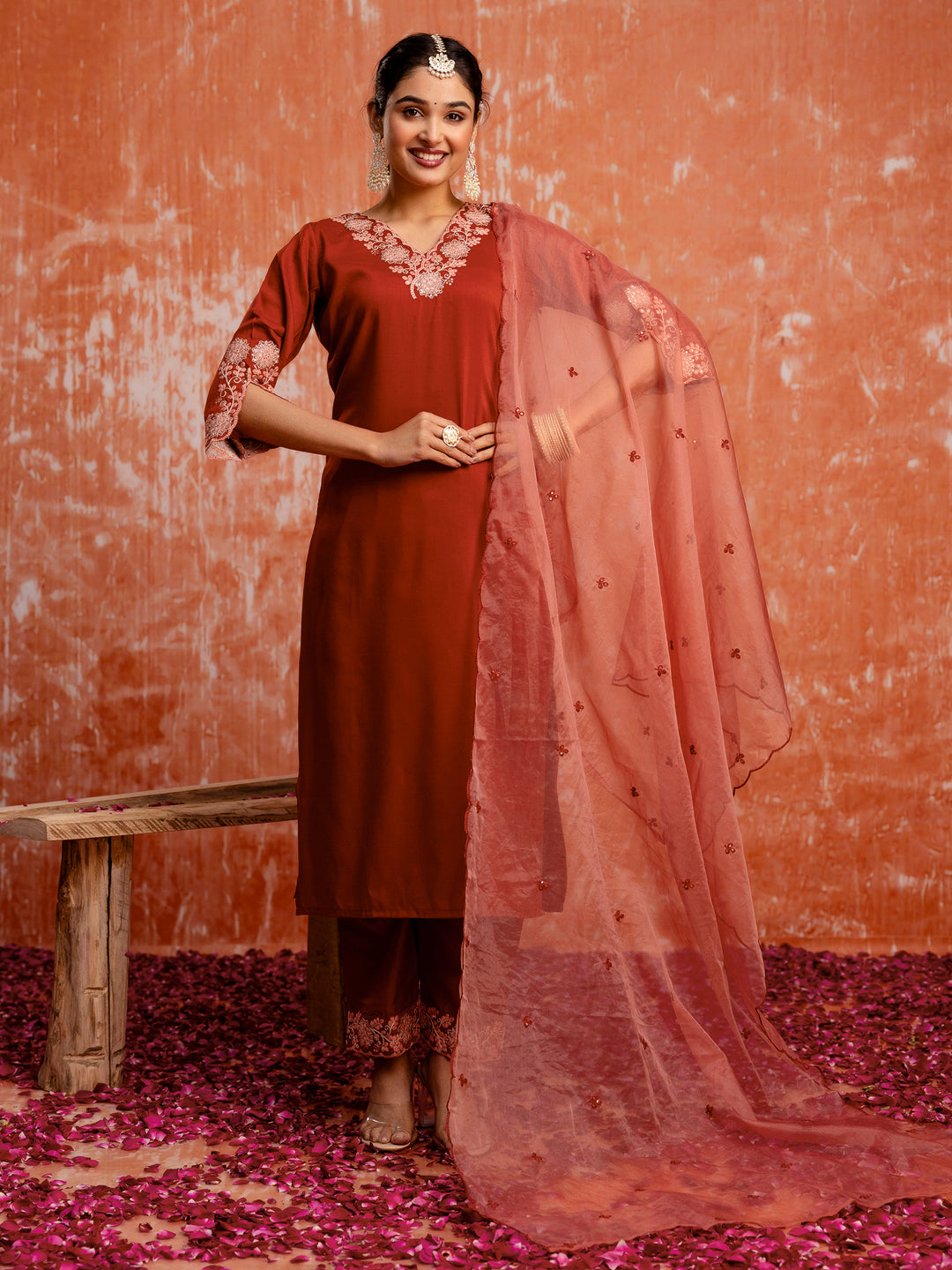 Red Silk Blend Embroidery Work Kurta Set