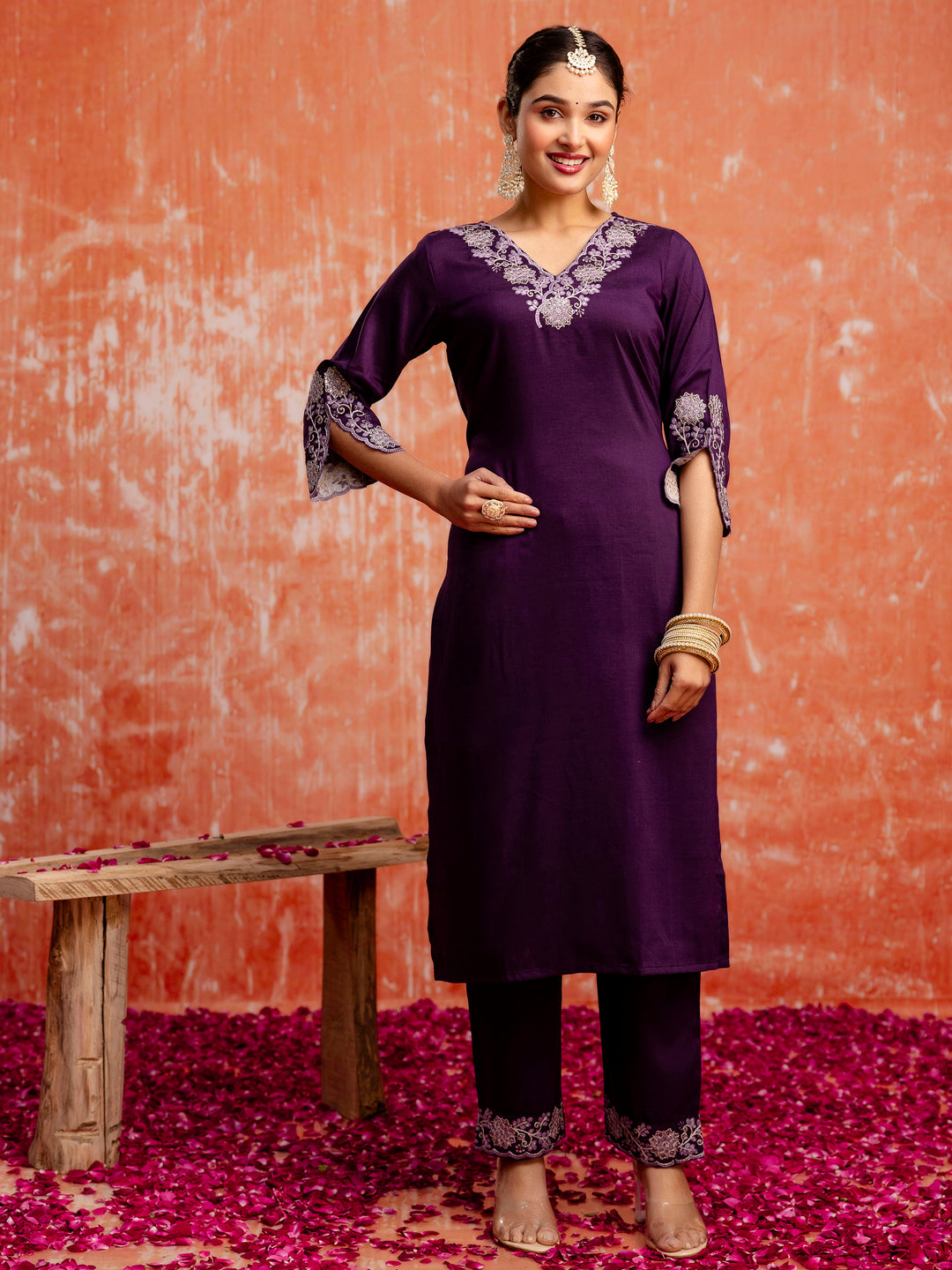 Purple Silk Blend Embroidery Work Kurta Set
