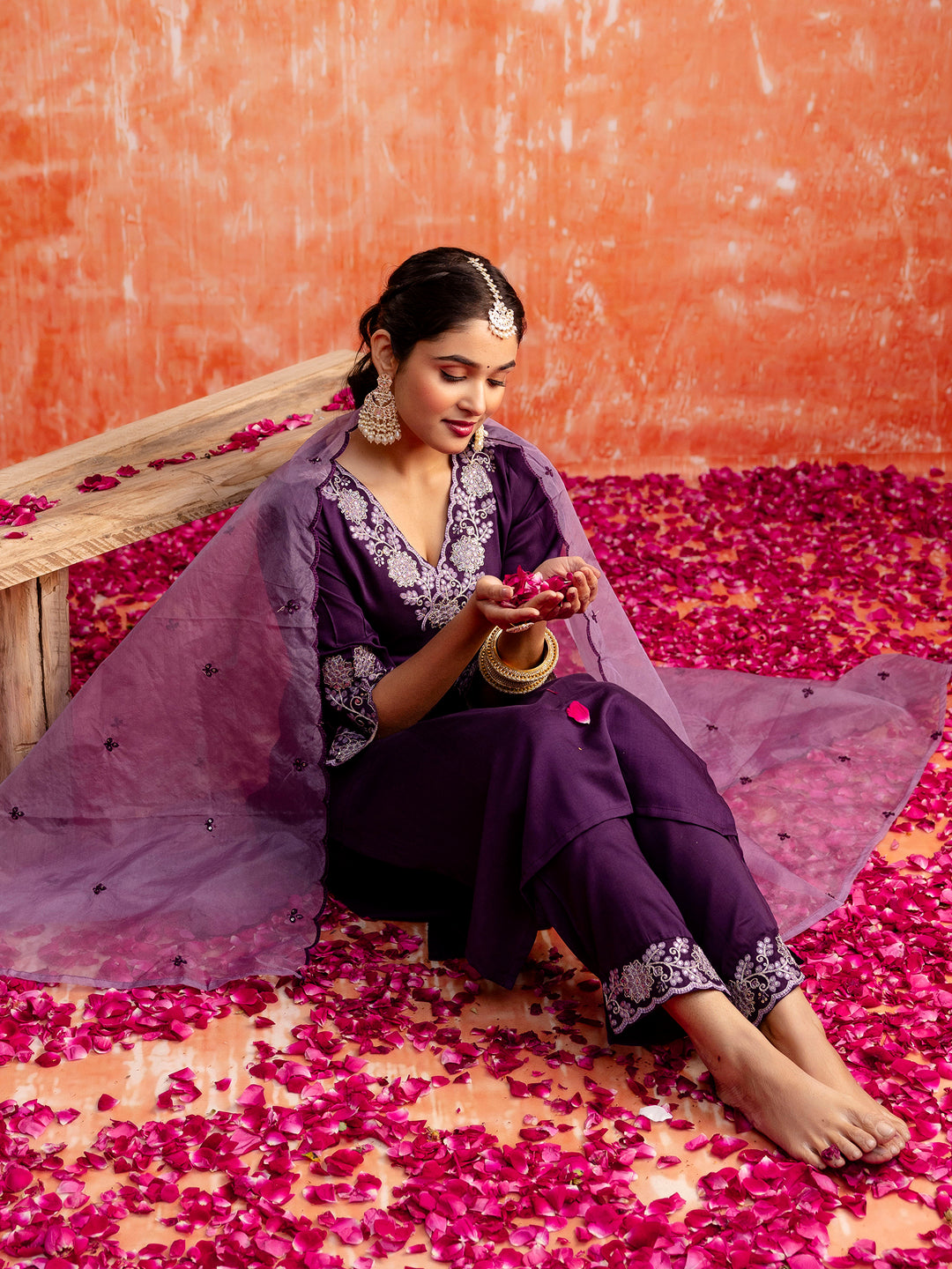 Purple Silk Blend Embroidery Work Kurta Set