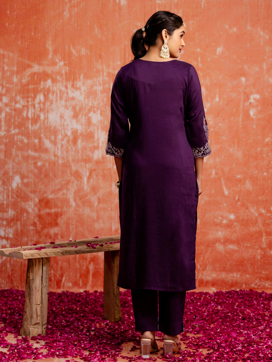 Purple Silk Blend Embroidery Work Kurta Set