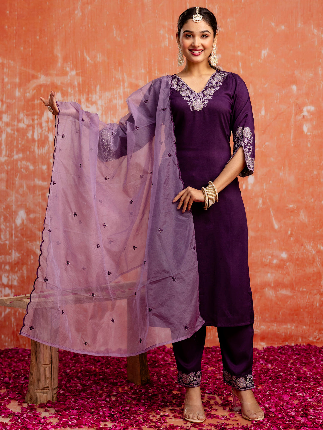 Purple Silk Blend Embroidery Work Kurta Set