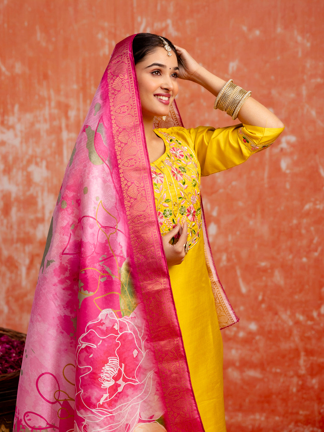 Yellow Silk Blend Embroidery Work Kurta Set