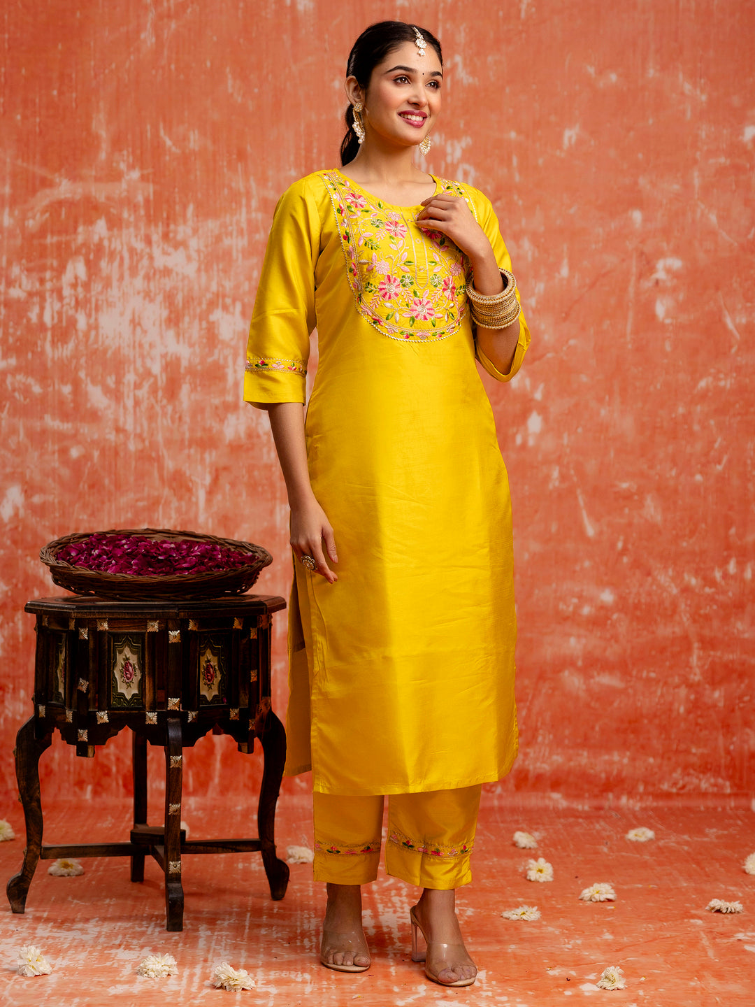 Yellow Silk Blend Embroidery Work Kurta Set