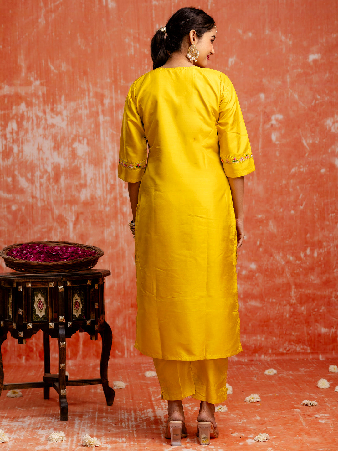 Yellow Silk Blend Embroidery Work Kurta Set