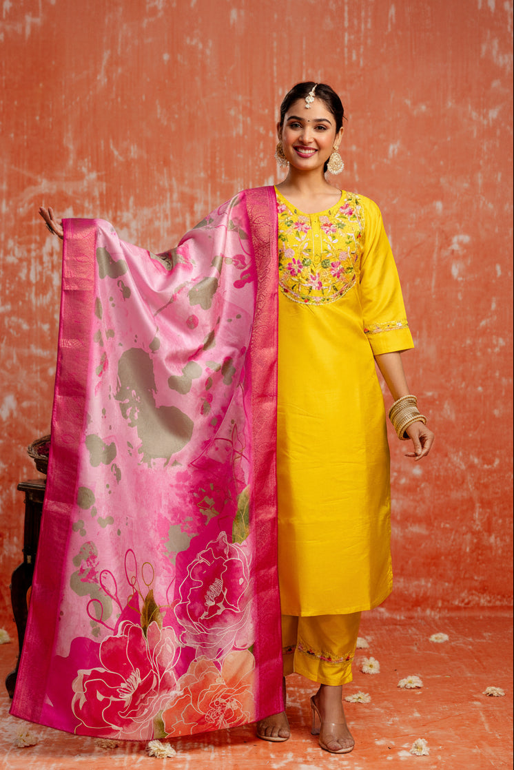 Yellow Silk Blend Embroidery Work Kurta Set