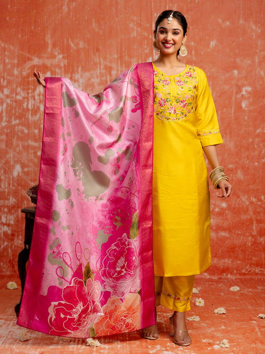 Yellow Silk Blend Embroidery Work Kurta Set