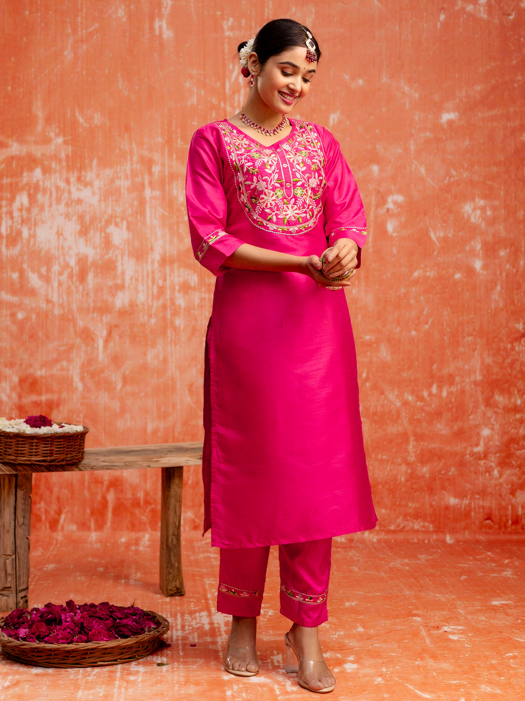 Pink Silk Blend Embroidery Work Kurta Set