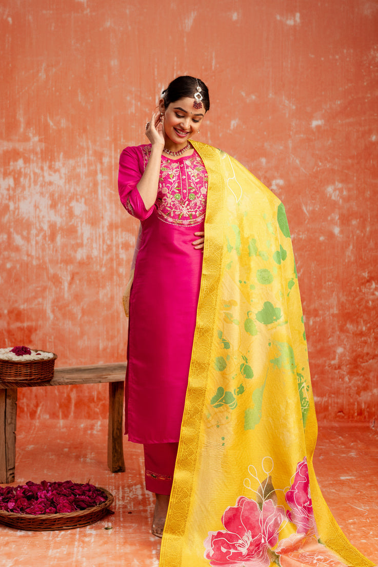 Pink Silk Blend Embroidery Work Kurta Set
