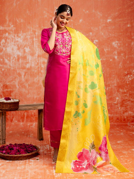 Pink Silk Blend Embroidery Work Kurta Set